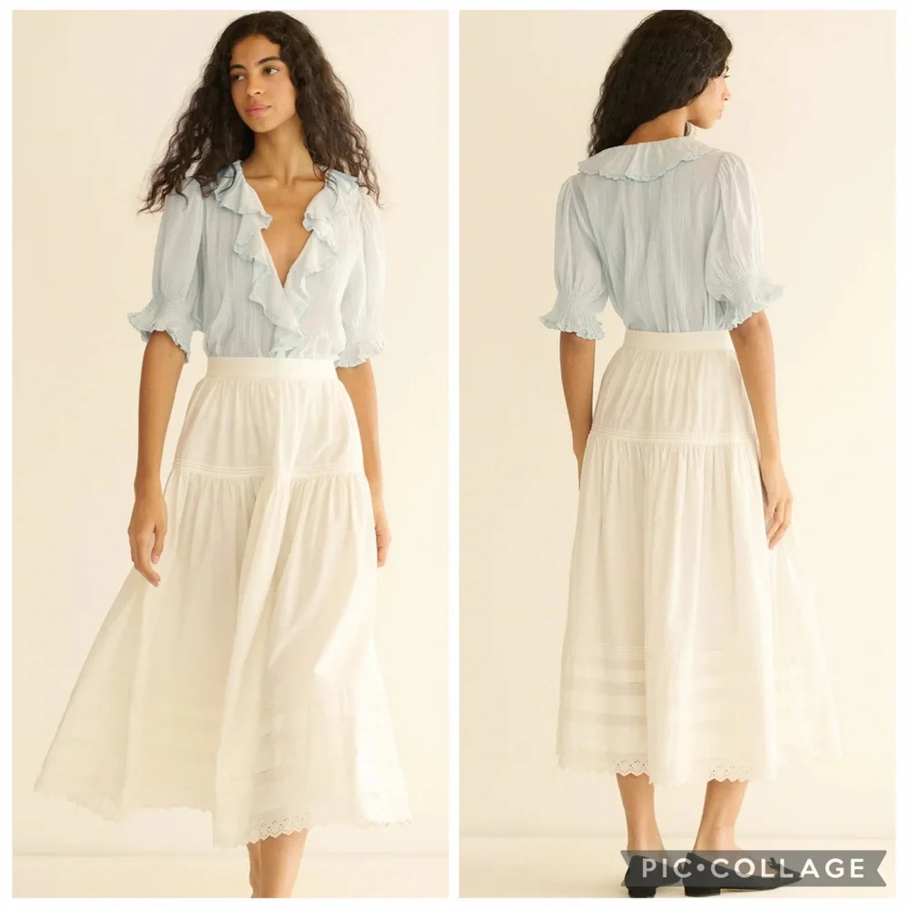 Doen NWT Medium Henri Ruffle Cotton Blouse in Alice Blue - Picture 3 of 14